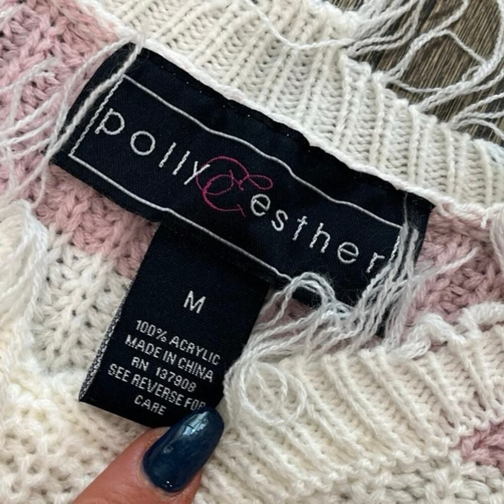 Polly & Esther Striped Cropped Sweater Distressed Knit V-Neck Multicolor Size M - Picture 3 of 3